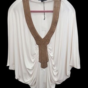NWT Sky Blouse Cream w/Tan Suede V-neck Detail Sz Xs
